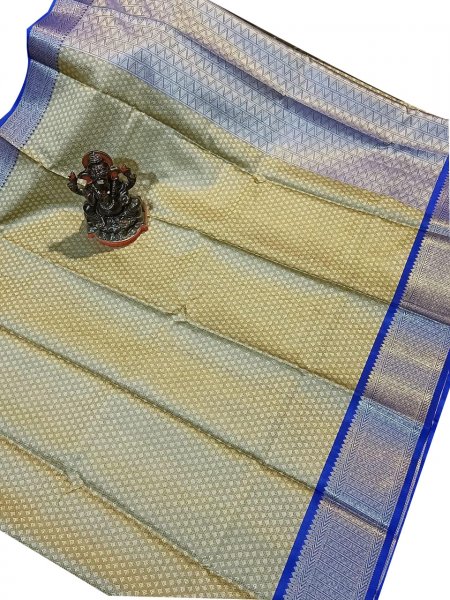 Gray,blue and flax yellow kora silk saree with kuppatam border